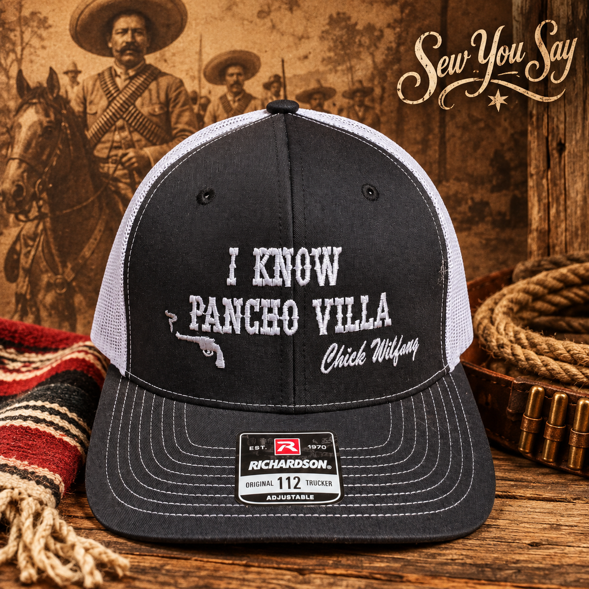 Black Pancho Hat with white mesh and embroidery