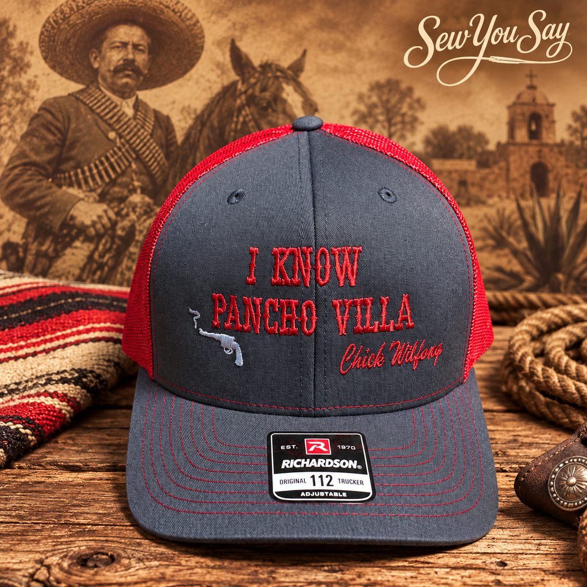 Red Pancho Hat with Sew You Say Western backdrop
