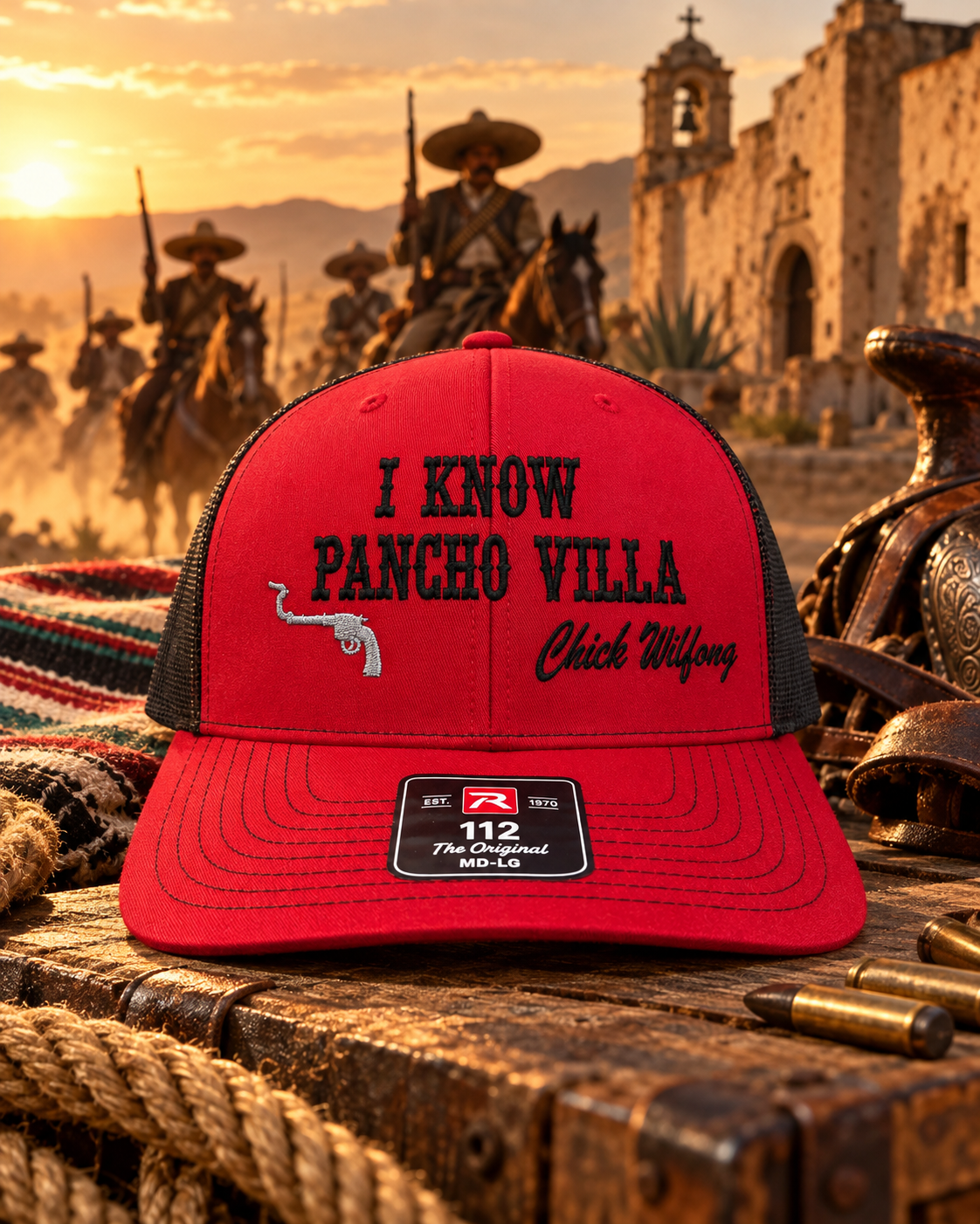 Red and black Richardson 112 hat I Know Pancho Villa black lettering and silver gun