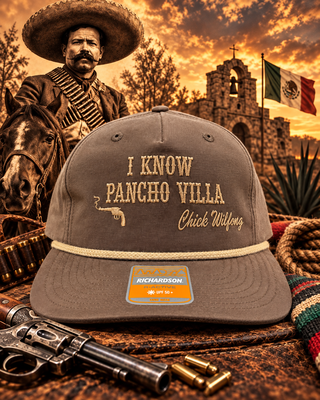 Brown Pancho Villa Papa Hat tan embroidery