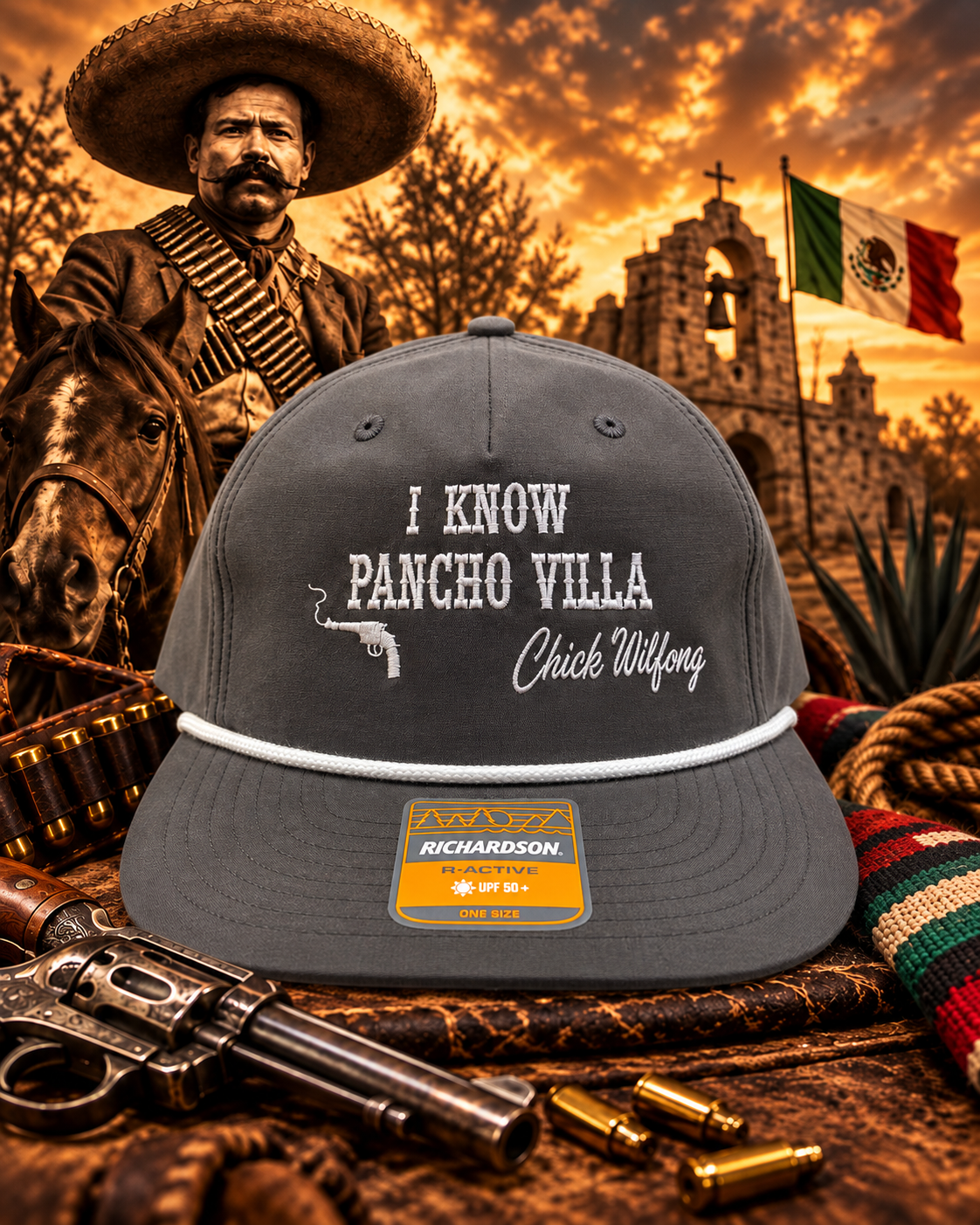 Charcoal Grey Pancho Villa Papa Hat white embroidery